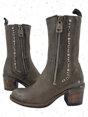 A.S.98 Jackie Boots Studded Leather Double Zip Brown Gray Mid-Calf AS98 Size 37